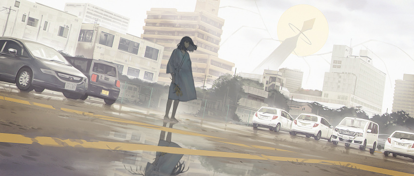 1girl bangs barefoot black_eyes black_hair building car city cityscape clouds cloudy_sky commentary different_reflection floating_hair flower ground_vehicle highres holding holding_flower hospital_gown kurohal long_hair looking_away looking_down medium_hair motor_vehicle original parking_lot reflection scenery sky solo wide_shot window yellow_flower
