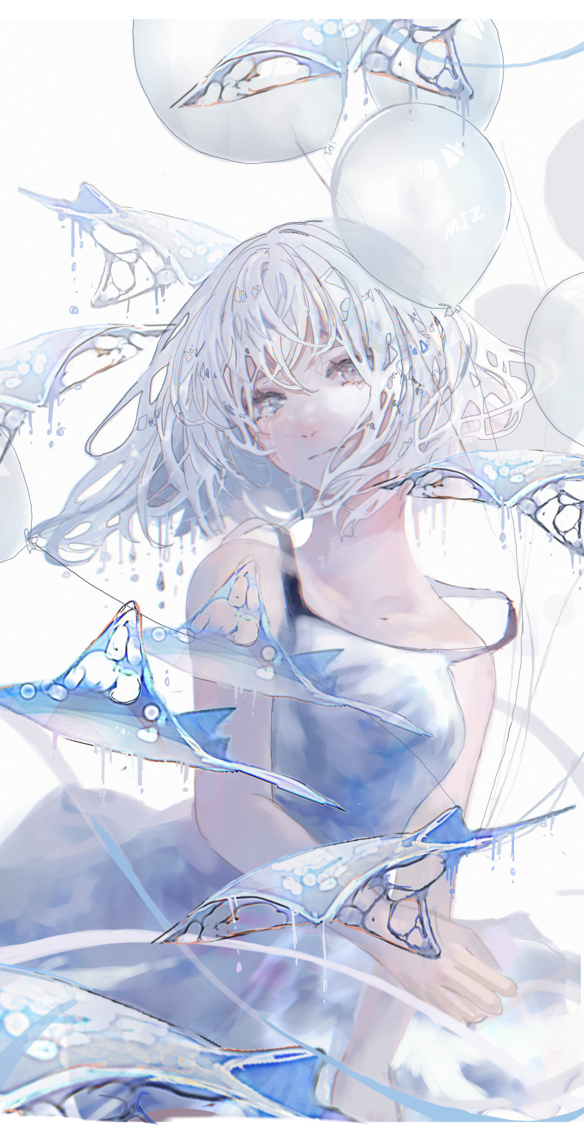 1girl absurdres balloon bangs bare_shoulders blurry blush breasts closed_mouth commentary cowboy_shot dress fish grey_eyes hand_up head_tilt highres looking_at_viewer loose_clothes manta_ray medium_hair messy_hair mihanada original small_breasts solo white_dress white_hair
