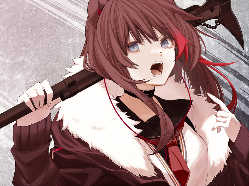 1girl absurdres animal_ears arknights axe bear_ears black_choker black_sailor_collar blue_eyes brown_hair brown_jacket choker earphones earphones fur-trimmed_jacket fur_trim grey_background highres holding holding_weapon jacket long_hair looking_at_viewer moi2m3 multicolored_hair necktie open_mouth over_shoulder pointing pointing_at_self red_neckwear redhead sailor_collar school_uniform shirt sidelocks solo streaked_hair upper_body v-shaped_eyebrows weapon weapon_over_shoulder white_shirt zima_(arknights)