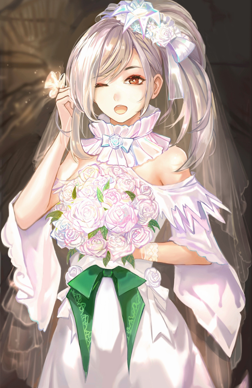 1girl absurdres bangs bare_shoulders bouquet dress dungeon_and_fighter eyebrows_behind_hair eyebrows_visible_through_hair flower grey_hair hair_ornament highres holding holding_bouquet holding_flower long_hair looking_at_viewer one_eye_closed open_mouth ponytail qianzhu ribbon scarf seria_kirmin sleeveless sleeveless_dress smile solo veil