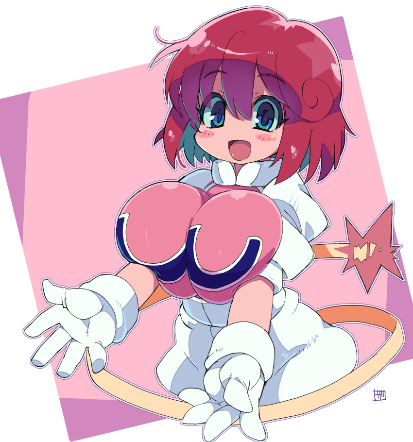 absurdres bangs blue_eyes blush_stickers bombergirl border breast_squeeze breasts collar gloves highres huge_breasts looking_at_viewer open_mouth outstretched_arms pants pastel_(twinbee) pink_background puffy_short_sleeves puffy_sleeves redhead robot short_sleeves tail twinbee white_border white_gloves white_pants zankuro
