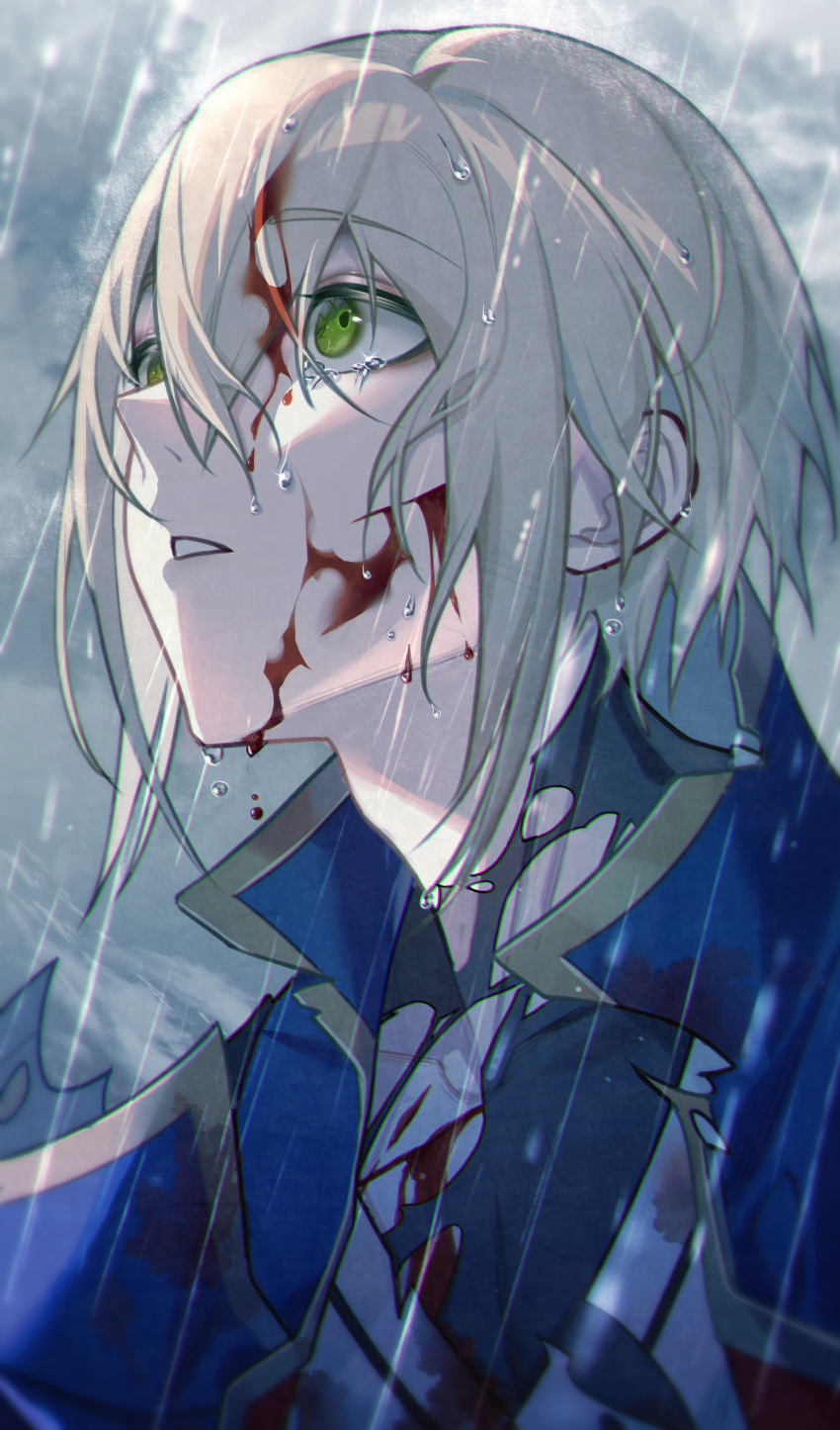 1boy absurdres blazblue blonde_hair blood blood_on_face blue_coat coat green_eyes highres jin_kisaragi rain set_xshiver tears torn_clothes