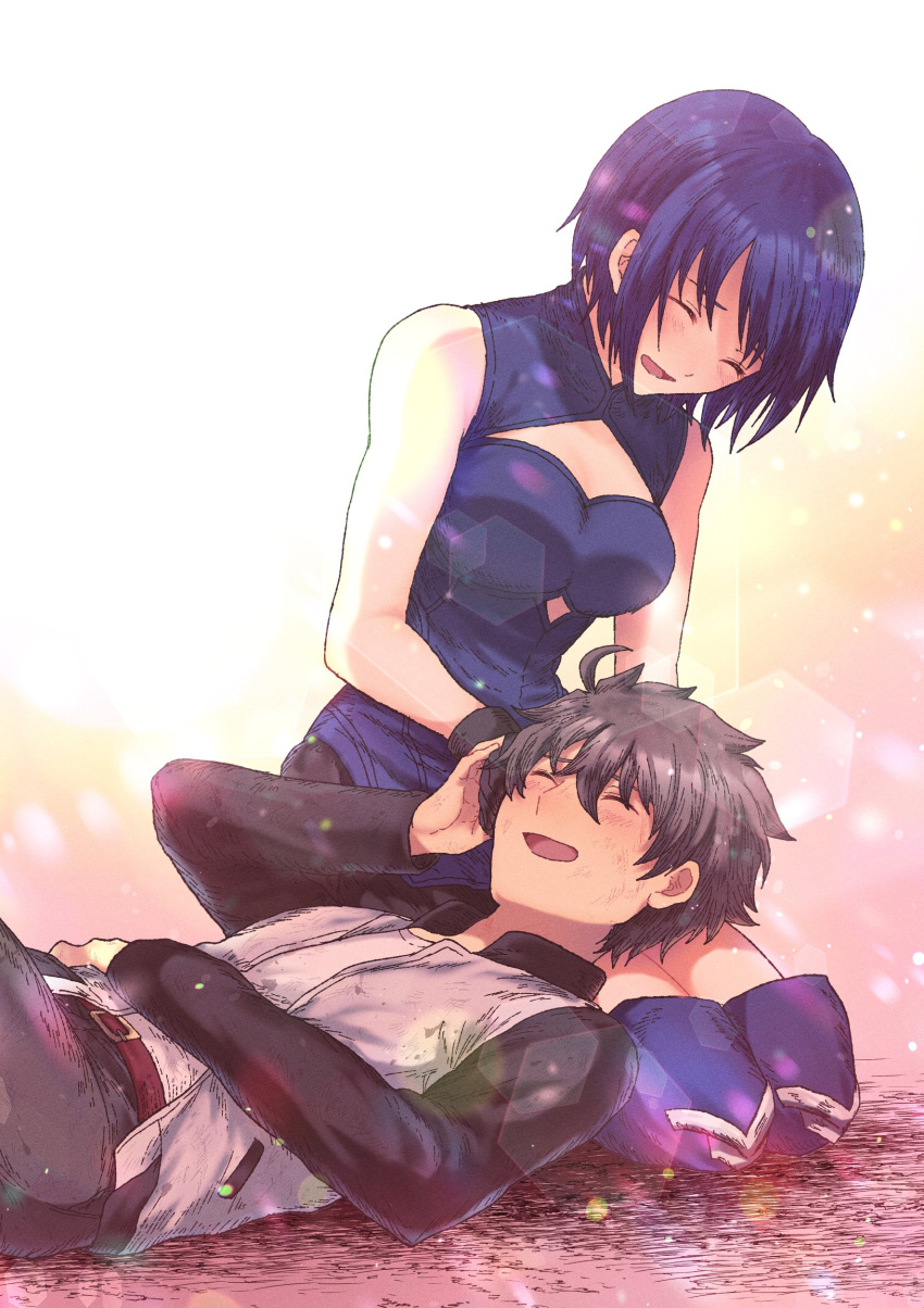 1boy 1girl absurdres ahoge bangs belt belt_buckle black_gloves black_hair black_jacket black_pants black_skirt blue_dress blue_hair blue_legwear blush breasts buckle ciel_(tsukihime) closed_eyes clothing_cutout commentary dress gloves grey_jacket hair_between_eyes hand_on_another's_hand hand_on_own_face happy highres jacket lap_pillow long_sleeves lying medium_breasts miniskirt multicolored multicolored_clothes multicolored_jacket open_clothes open_jacket open_mouth pants powerd_ciel red_belt seiza shirt short_hair sitting skirt sleeveless sleeveless_dress smile stella_carmen sunlight thigh-highs tohno_shiki tongue tsukihime tsukihime_(remake) two-tone_jacket white_shirt