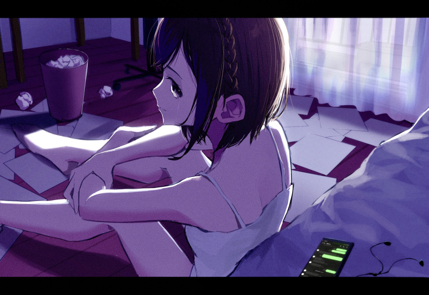 1girl bangs barefoot bed bedroom black_eyes black_hair braid breasts camisole commentary_request curtains earphones from_behind full_body highres indoors knees_up looking_at_viewer looking_back paper phone project_sekai shinonome_ena short_hair sidelocks sitting small_breasts spaghetti_strap tears tenda_(tendarugby) tissue trash_can used_tissue white_camisole