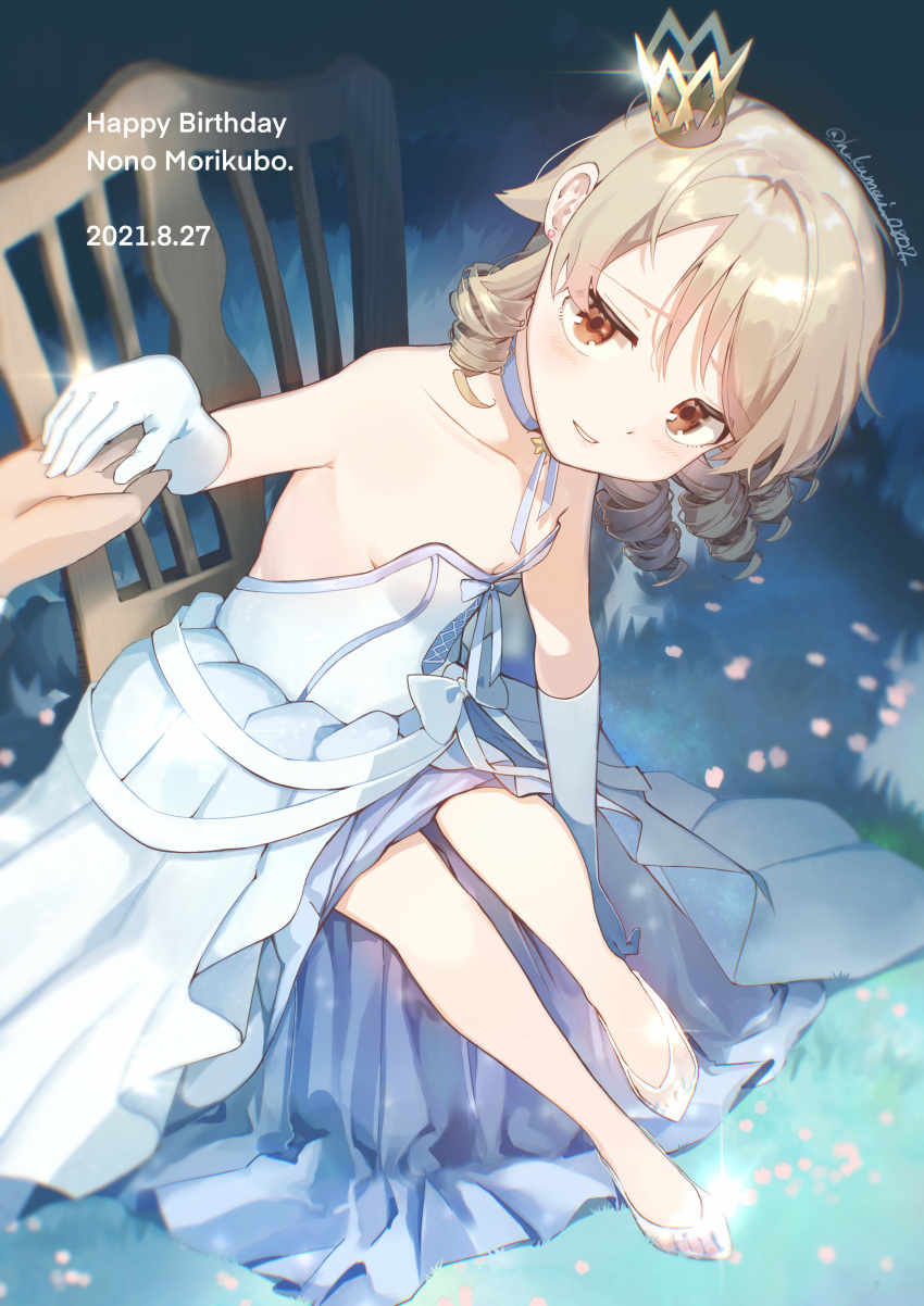 1boy 1girl absurdres adjusting_footwear armpits bare_legs blonde_hair breasts character_name cherry_blossoms choker crown dated dress ear_piercing glass_slipper glint gloves grass happy_birthday highres holding_hands idol idolmaster idolmaster_cinderella_girls looking_at_viewer morikubo_nono off-shoulder_dress off_shoulder on_chair petals piercing pov pov_hands ribbon_choker ringlets shisui_(5830217) sitting small_breasts solo_focus transparent_footwear white_dress white_gloves