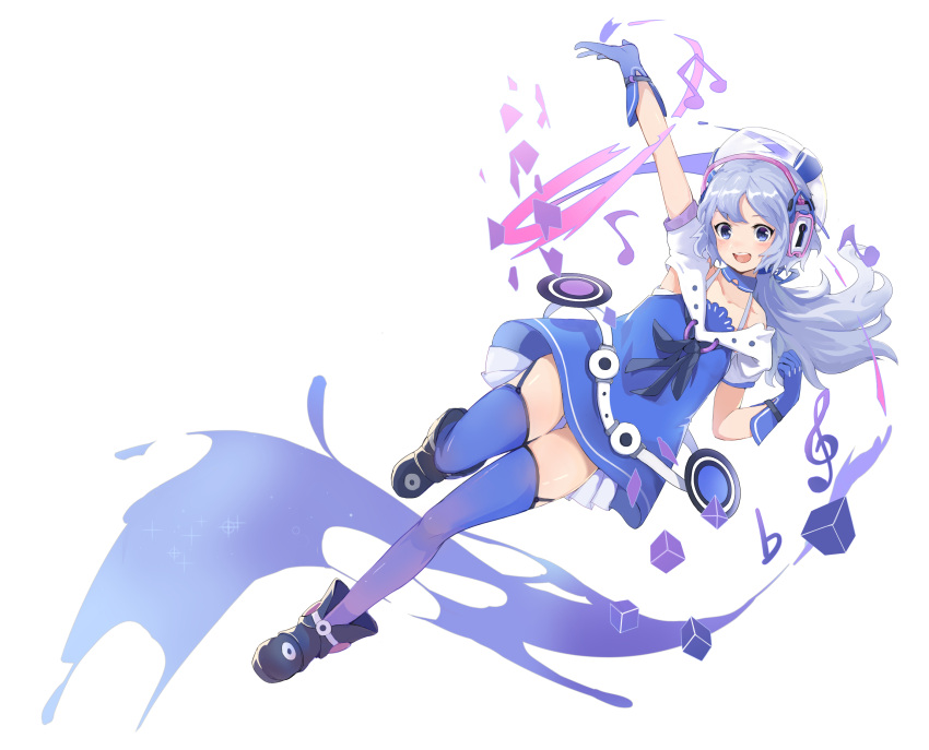 1girl :d arm_up bare_shoulders beamed_eighth_notes belt blue_eyes boots cube detached_collar dress eighth_note einri flat_sign full_body garter_straps gloves gradient gradient_legwear hair_ribbon hat headphones highres keyhole leg_up low_ponytail mascot musical_note off_shoulder open_mouth original paint_splatter purple_dress purple_legwear ribbon shrug_(clothing) silver_hair smile thigh-highs treble_clef white_background zettai_ryouiki