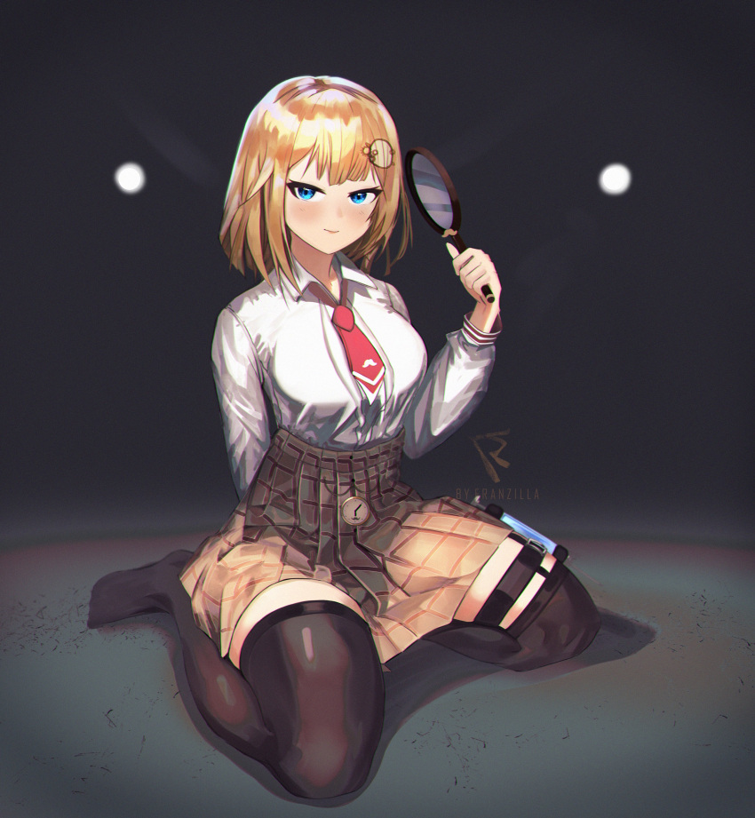 1girl absurdres bangs black_legwear blonde_hair blue_eyes blush brown_skirt dress_shirt eyebrows_visible_through_hair franzilla full_body hair_ornament high-waist_skirt highres holding holding_magnifying_glass hololive hololive_english light_smile long_sleeves looking_at_viewer magnifying_glass miniskirt monocle_hair_ornament plaid plaid_skirt pleated_skirt pocket_watch shirt short_hair sitting skirt solo thick_thighs thigh-highs thigh_strap thighs virtual_youtuber wariza watch watson_amelia white_shirt zettai_ryouiki