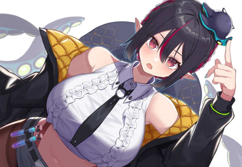 1girl amahara_subaru arm_up armpits bangs bare_shoulders belt black_hair black_jacket black_shorts braid breasts brown_legwear chest_harness collared_shirt commentary_request crop_top dutch_angle eyebrows_visible_through_hair fang frilled_shirt frills hair_between_eyes harness highres indie_virtual_youtuber isonade_orca jacket large_breasts long_sleeves looking_at_viewer micro_shorts midriff navel open_clothes open_jacket open_mouth pantyhose pointy_ears red_eyes shirt short_hair shorts sidelocks sleeveless sleeveless_shirt solo stomach tentacles test_tube virtual_youtuber white_shirt
