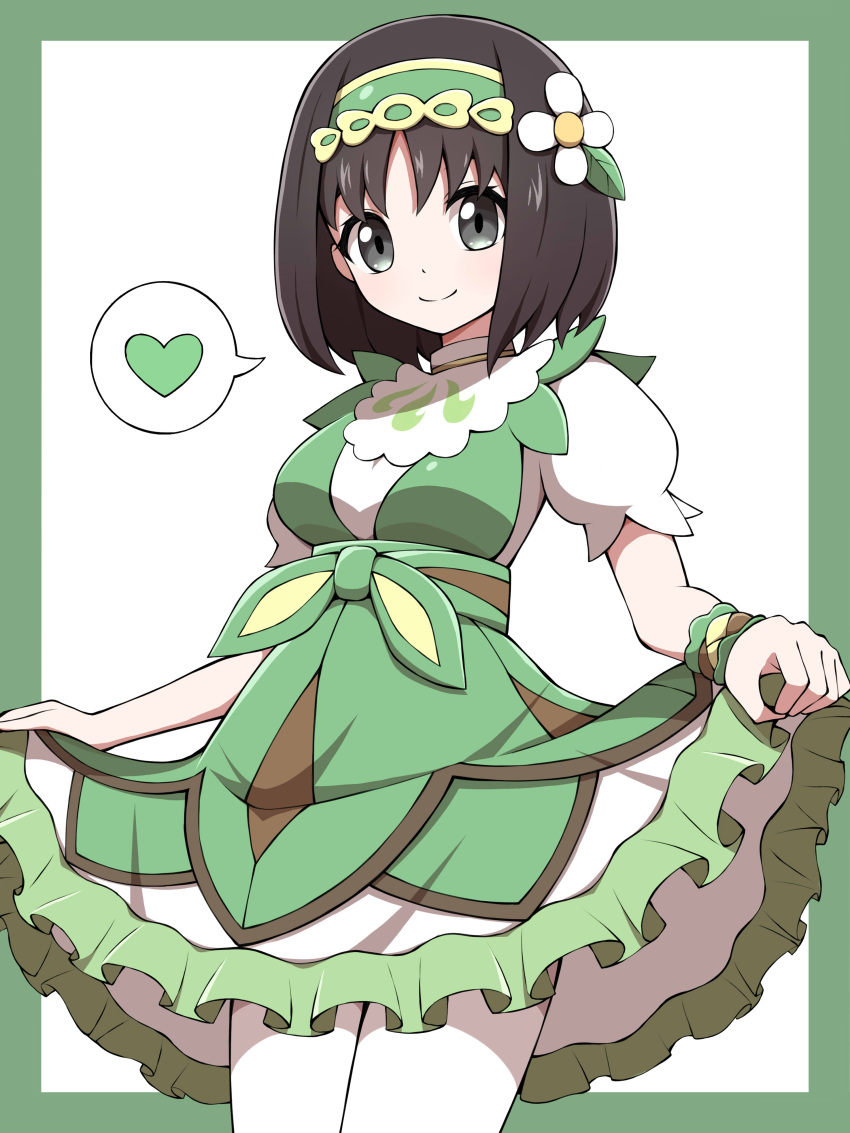 1girl absurdres bangs border breasts brown_hair closed_mouth clothes_lift commentary_request dress dress_lift erika_(pokemon) flower frills green_border green_hairband grey_eyes hair_flower hair_ornament hairband heart highres lifted_by_self looking_at_viewer official_alternate_costume pantyhose pokemon pokemon_(game) pokemon_masters_ex shabana_may short_sleeves smile solo split_mouth spoken_heart white_background white_flower white_legwear
