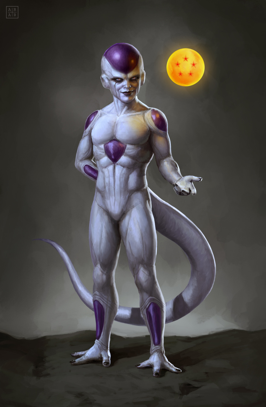1boy absurdres arm_behind_back astor_alexander black_nails dragon_ball dragon_ball_(object) dragon_ball_z frieza full_body highres male_focus red_eyes smile solo tail watermark