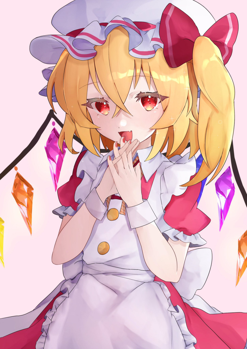 1girl :d adapted_costume alternate_costume apron bangs blonde_hair blush bow commentary_request cowboy_shot crossed_bangs crystal dress enmaided eyebrows_visible_through_hair fang flandre_scarlet flat_chest frills fuua_(fxae3875) hair_between_eyes hair_bow hat highres interlocked_fingers looking_at_viewer maid mob_cap nail_polish one_side_up open_mouth pink_background pink_dress puffy_short_sleeves puffy_sleeves red_bow red_eyes red_nails short_hair short_sleeves simple_background skin_fang smile solo touhou white_apron white_headwear wing_collar wings wrist_cuffs
