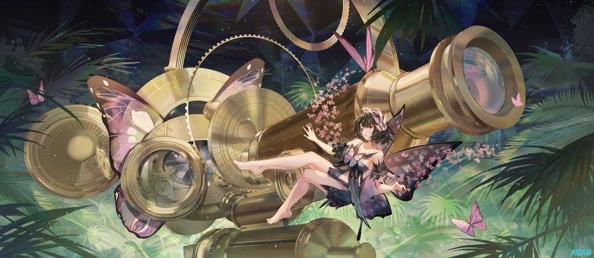1girl atdan bangs bare_legs bare_shoulders barefoot black_dress black_hair breasts bug butterfly butterfly_hair_ornament butterfly_wings detached_sleeves dress english_commentary hair_ornament highres large_breasts looking_at_viewer microscope midriff nature original oversized_object parted_lips pink_butterfly plant red_eyes revision short_sleeves solo wide_shot wings
