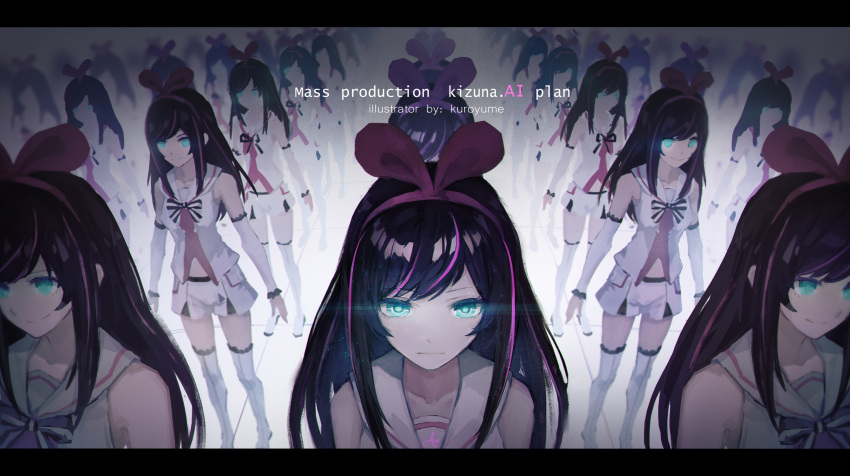 6+girls blue_eyes bow bow_hairband clone closed_mouth detached_sleeves glowing glowing_eyes hair_bow hairband highres kizuna_ai kizuna_ai_inc. kuroyume_(96061617) letterboxed long_sleeves looking_at_viewer multicolored_hair multiple_girls pink_hairband smile streaked_hair thigh-highs virtual_youtuber white_legwear