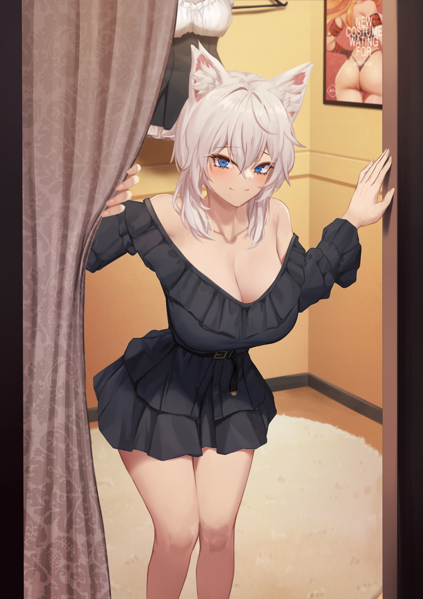 1girl animal_ear_fluff animal_ears ass bangs bare_legs bare_shoulders belt belt_buckle black_dress blue_eyes blush breasts buckle carpet cat_ears closed_mouth collarbone commentary cosplay_request curtains daydream_(zhdkffk21) dress english_text eyebrows_visible_through_hair feet_out_of_frame frilled_dress frills highres indoors large_breasts leaning_forward long_sleeves looking_at_viewer off-shoulder_dress off_shoulder original poster_(object) short_dress short_hair_with_long_locks sidelocks silver_hair smile solo standing