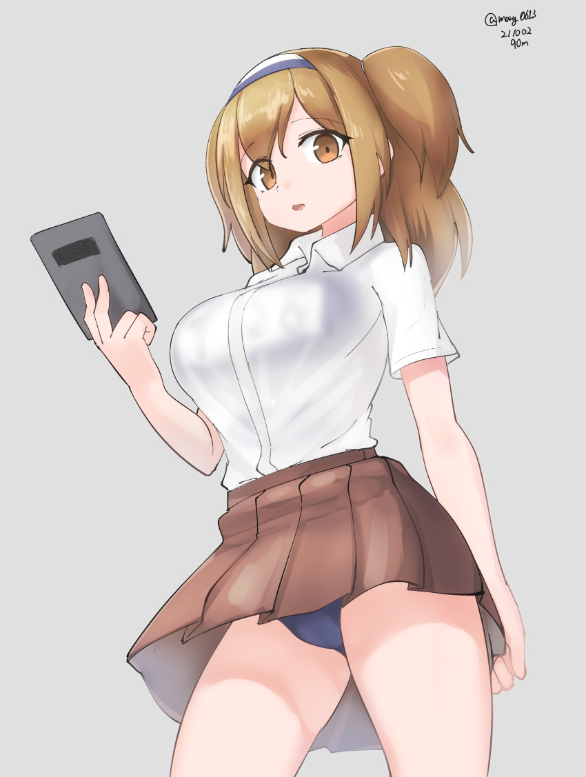 1girl absurdres alternate_costume blue_swimsuit brown_eyes brown_skirt collared_shirt cowboy_shot dated dress_shirt grey_background hairband highres i-26_(kancolle) kantai_collection light_brown_eyes light_brown_hair long_hair maru_(marg0613) name_tag one-hour_drawing_challenge pleated_skirt school_swimsuit school_uniform see-through shirt short_sleeves simple_background skirt solo standing swimsuit swimsuit_under_clothes twitter_username two-tone_hairband two_side_up white_shirt