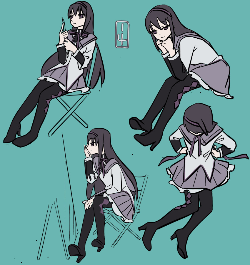 1girl absurdres akemi_homura aqua_background argyle argyle_legwear black_footwear black_hair black_hairband black_legwear capelet chair closed_mouth frilled_skirt frills hairband high_heels highres long_hair long_sleeves magical_girl mahou_shoujo_madoka_magica multiple_views pantyhose purple_ribbon purple_skirt ribbon shirt simple_background sitting skirt violet_eyes white_shirt xiao(xiaor)