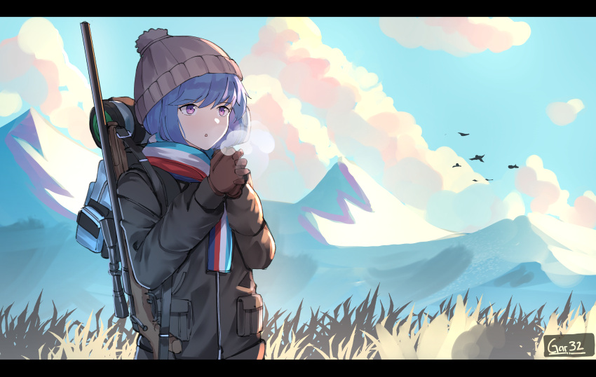 1girl :o absurdres artist_name backpack bag bangs beanie bird black_jacket blue_hair blue_sky brown_gloves brown_headwear clouds cloudy_sky commentary day eyebrows_visible_through_hair gar32 gloves gun hat highres interlocked_fingers jacket letterboxed outdoors own_hands_clasped own_hands_together parted_lips rifle scarf shima_rin sky sniper_rifle sniper_scope solo upper_body violet_eyes weapon weapon_request yurucamp