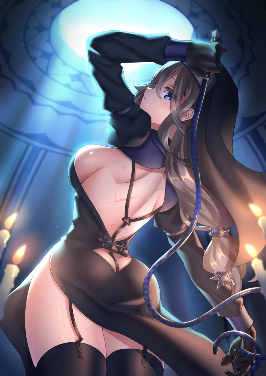 1girl ass backless_dress backless_outfit blue_eyes breasts brown_hair candle commentary_request detached_sleeves dress from_behind garter_straps gloves habit hair_between_eyes hair_ornament highres holding holding_whip long_hair long_sleeves looking_at_viewer low_ponytail medium_breasts neit_ni_sei original scar_on_back shiny shiny_skin solo thigh-highs thighs upper_body whip