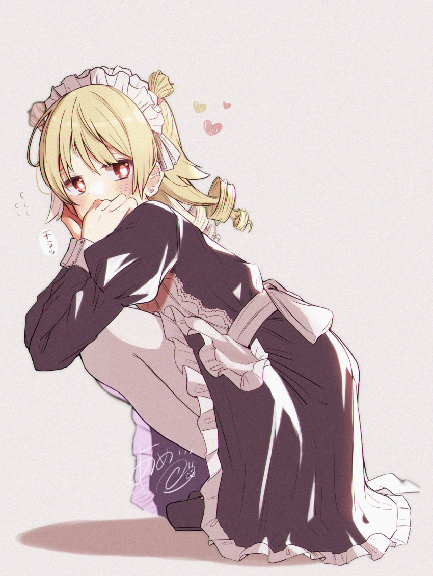 1girl alternate_costume apron black_dress blonde_hair blush bright_pupils covered_mouth double_bun dress ear_piercing enmaided flying_sweatdrops hands_on_own_cheeks hands_on_own_face head_rest heart heart_print highres idolmaster idolmaster_cinderella_girls juliet_sleeves long_sleeves looking_at_viewer looking_to_the_side maid maid_apron maid_headdress morikubo_nono pantyhose petticoat piercing puffy_sleeves ringlets shadow shiny shiny_clothes simple_background solo squatting suzugaeru white_legwear white_pupils wrist_cuffs