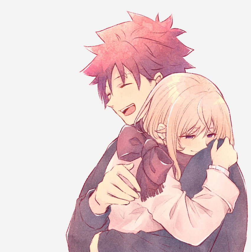 1boy 1girl blonde_hair closed_eyes eyebrows_visible_through_hair hair_between_eyes hair_ornament hairclip hand_on_another's_back hug nakiri_erina open_mouth pink_vest red_scarf redhead scarf shokugeki_no_souma short_hair simple_background smile ssr_ng vest yukihira_souma