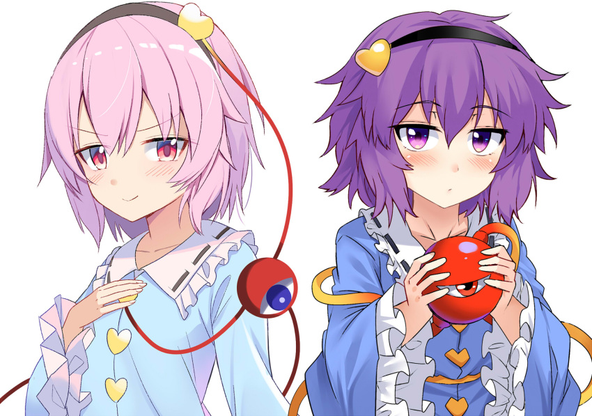 2girls bangs black_hairband blue_shirt blush buttons closed_mouth collarbone collared_shirt dual_persona e.o. eyeball eyebrows_visible_through_hair frilled_shirt_collar frilled_sleeves frills hair_between_eyes hair_ornament hairband heart heart_hair_ornament highres holding komeiji_satori long_sleeves looking_at_viewer messy_hair multiple_girls pink_eyes pink_hair purple_hair ribbon-trimmed_collar ribbon_trim shirt short_hair simple_background smug third_eye touhou upper_body violet_eyes white_background wide_sleeves