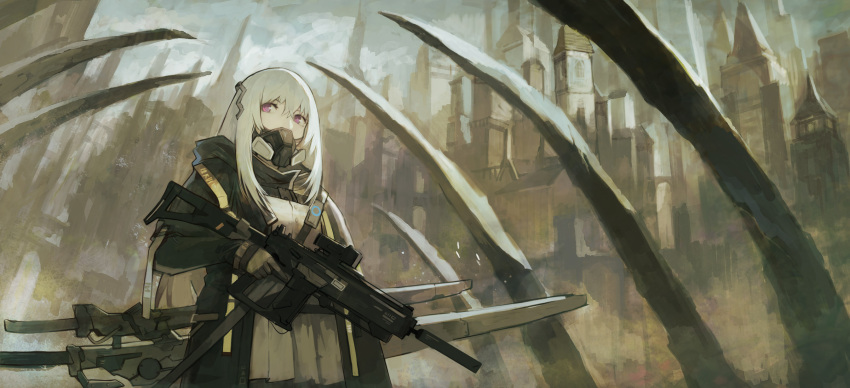 1girl assault_rifle bangs black_jacket breasts buckle building buttons commentary_request dress gas_mask gun hair_between_eyes highres holding holding_gun holding_weapon jacket long_hair looking_away looking_to_the_side mask original rifle shoulder_belt sideways_glance small_breasts solo suppressor violet_eyes weapon white_dress white_hair xinuo223