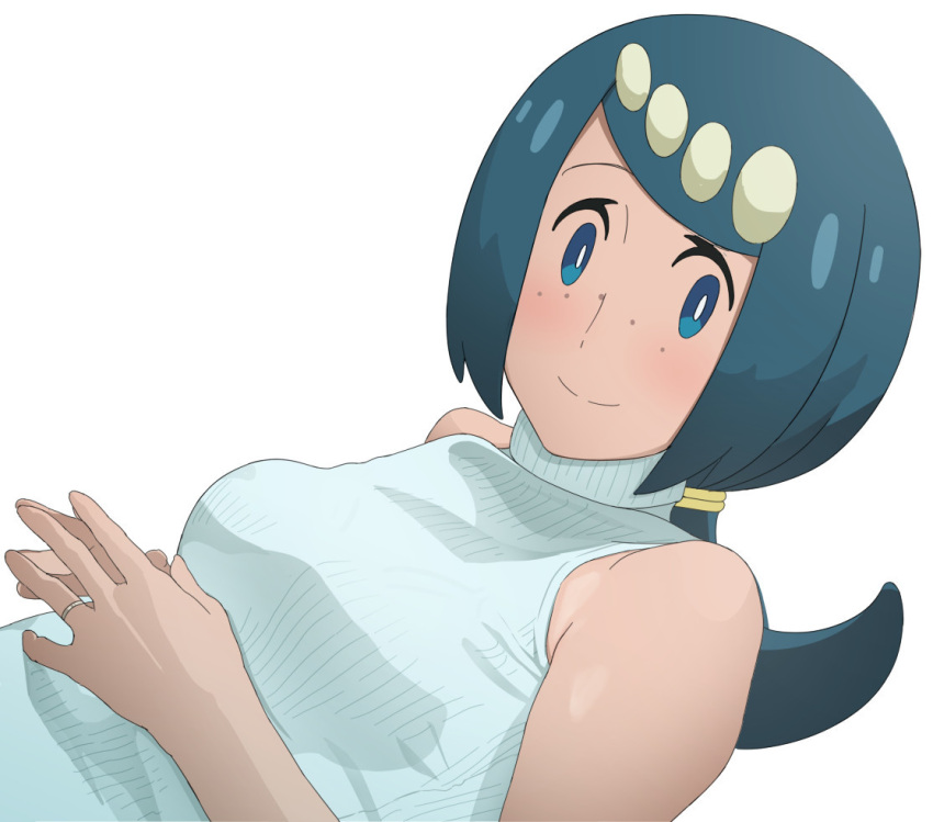 1girl blue_eyes blue_hair blush breasts bright_pupils closed_mouth commentary_request freckles jewelry lana's_mother_(pokemon) long_hair looking_at_viewer namidate no_sclera own_hands_together pokemon pokemon_(anime) pokemon_sm_(anime) ring simple_background sleeveless sleeveless_sweater smile solo split_mouth steepled_fingers sweater tied_hair turtleneck turtleneck_sweater upper_body white_background white_pupils