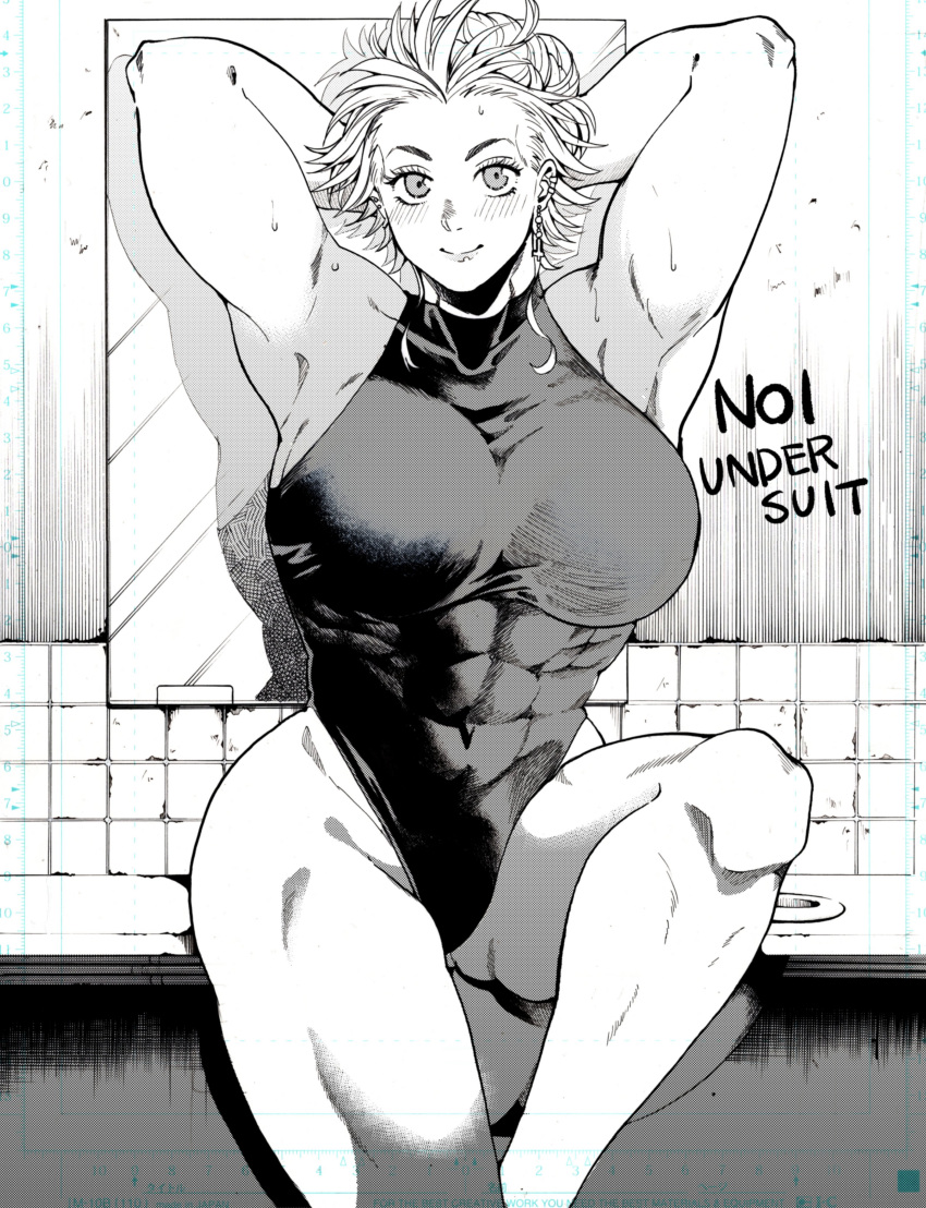 1girl abs absurdres bangs bare_shoulders black_leotard blush bodysuit breasts dorohedoro earrings highres jewelry large_breasts leotard long_hair looking_at_viewer monochrome muscular muscular_female noi_(dorohedoro) short_hair simple_background skin_tight smile solo white_hair youto
