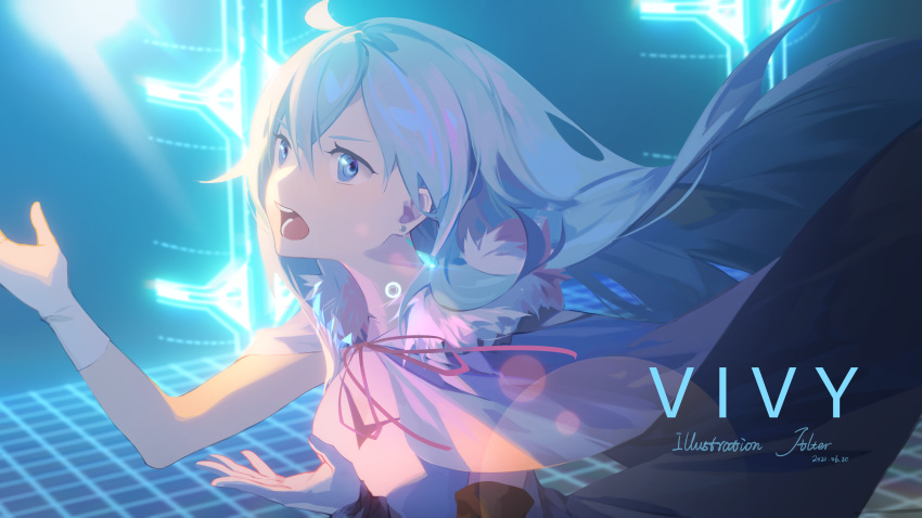 1girl absurdres ahoge android asymmetrical_gloves blue_eyes blue_hair cape earrings fur_trim gloves hands_up highres jewelry long_hair mordred_(xygvai) music neck_ribbon ribbon singing single_earring solo vivy vivy:_fluorite_eye's_song white_gloves