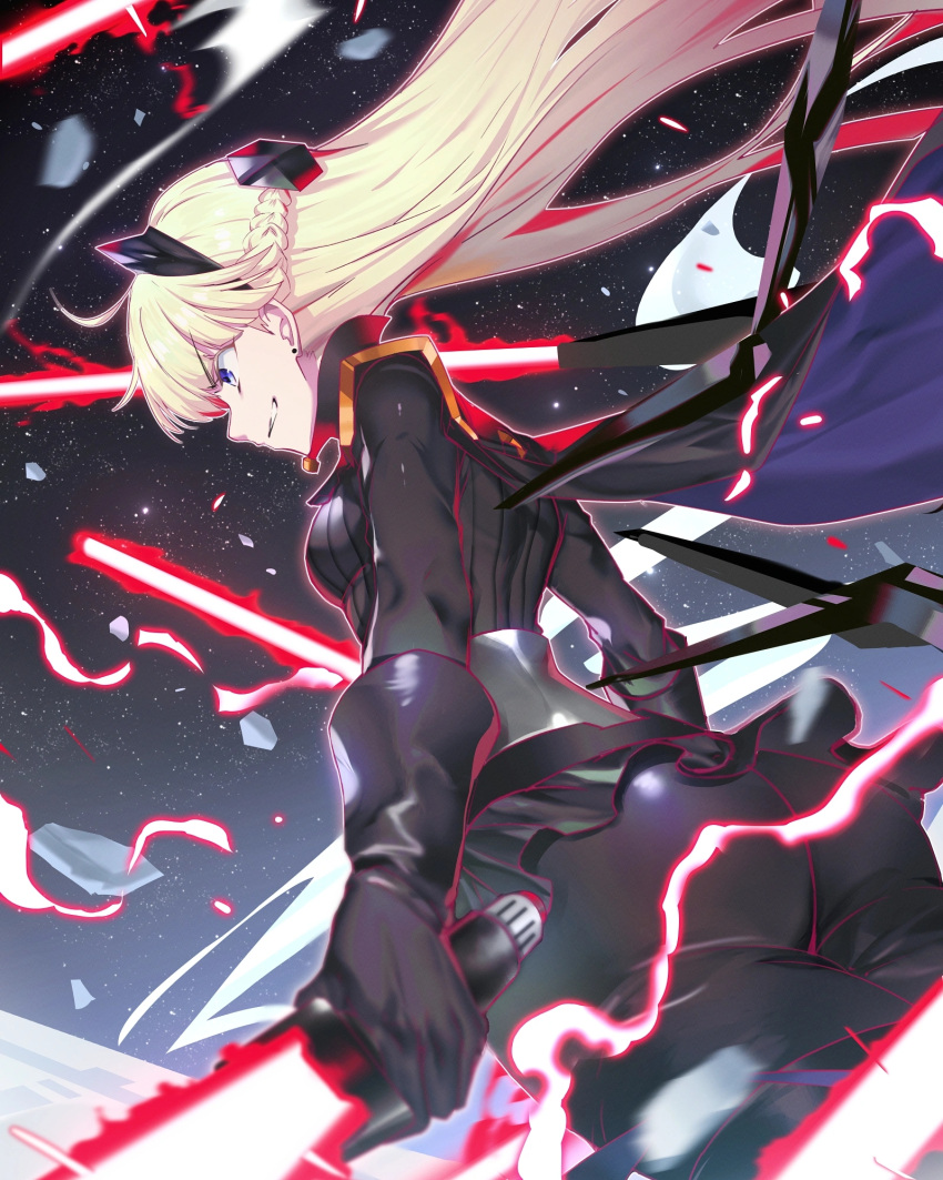 1girl ahoge bangs black_gloves black_legwear black_skirt blonde_hair blurry blurry_background braid cape character_request cowboy_shot elbow_gloves electricity energy_sword from_side gloves grin hair_ornament highres holding holding_weapon lightsaber long_hair pantyhose parted_lips skirt smile solo star_wars sword teddy_(khanshin) violet_eyes weapon