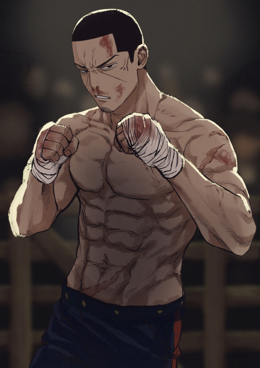 1boy abs absurdres black_eyes black_hair blood blood_on_face blood_on_hands blue_pants buzz_cut facial_hair fighting_stance golden_kamuy highres male_focus navel pants pectorals short_hair solo stubble toned toned_male tonta_(tonta1231) topless_male tsukishima_hajime very_short_hair