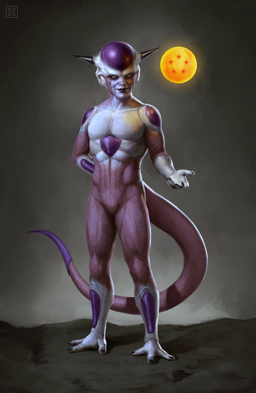 1boy absurdres arm_behind_back astor_alexander dragon_ball dragon_ball_(object) dragon_ball_z frieza full_body highres horns male_focus red_eyes smile solo tail watermark