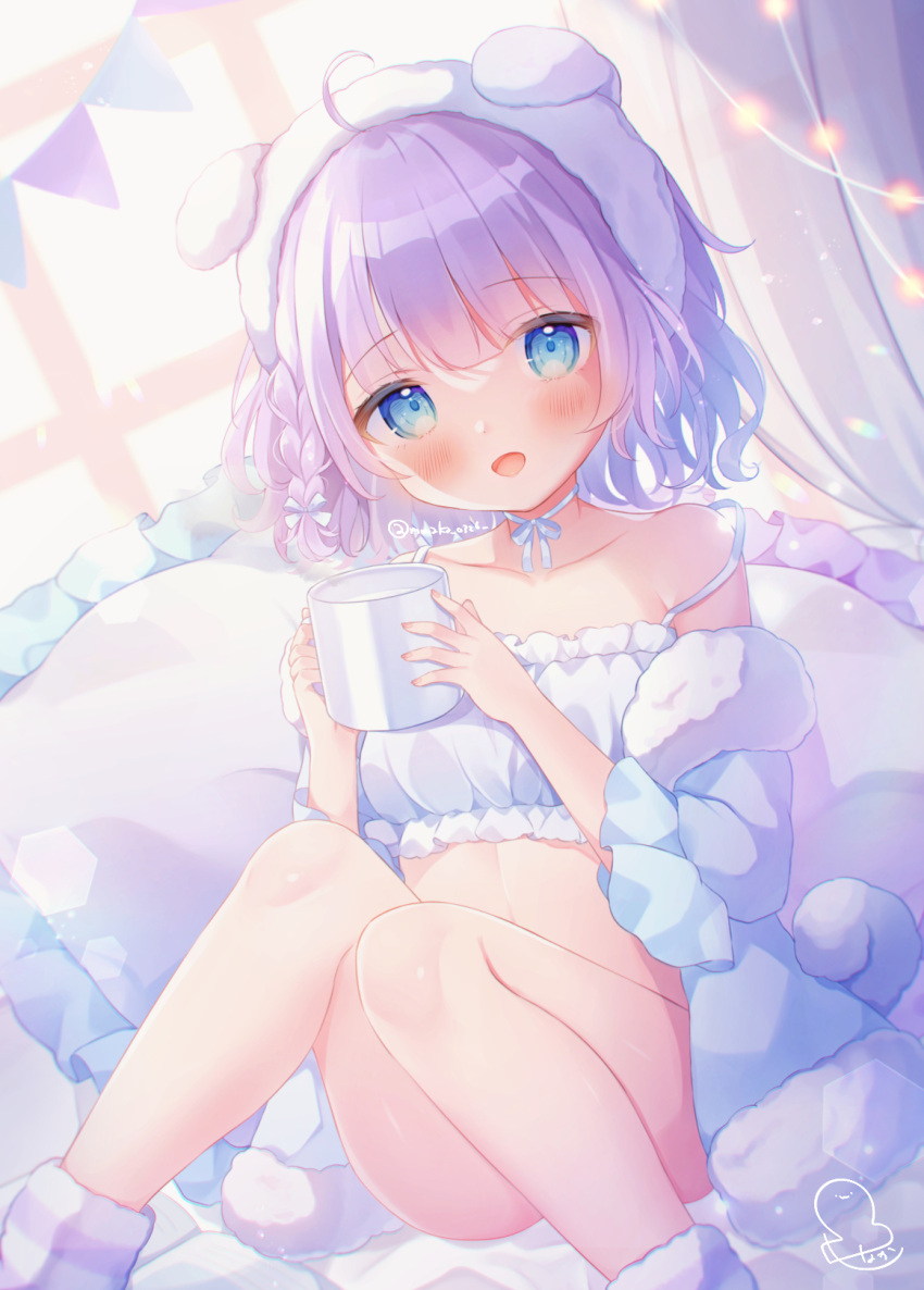 1girl ahoge animal_ears ankle_cuffs bangs bare_shoulders blue_eyes blush braid cinderella_bust collarbone commentary crop_top cup dog_ears dog_tail eyebrows_visible_through_hair fake_animal_ears fake_tail highres holding holding_cup looking_at_viewer loungewear medium_hair neck_ribbon omochi_monaka open_mouth original pillow purple_hair revision ribbon sitting smile solo stomach strap_slip tail