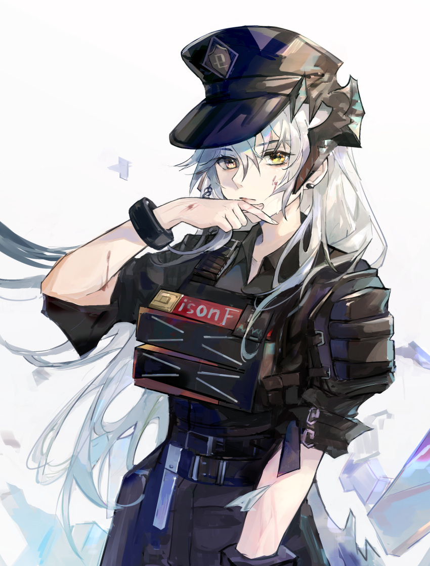 1girl absurdres arknights arm_up bangs belt dragon_girl dragon_horns eyebrows_behind_hair eyebrows_visible_through_hair grey_hair hair_between_eyes hat highres horns long_hair looking_at_viewer military military_hat military_uniform police police_hat police_uniform qianzhu saria_(arknights) saria_(the_law)_(arknights) silver_hair simple_background solo uniform upper_body white_background yellow_eyes