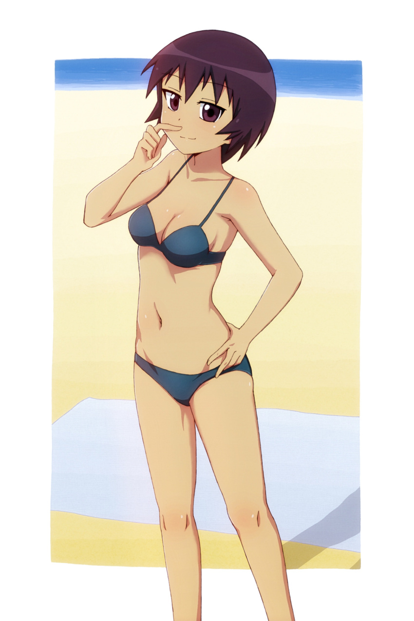 1girl azumanga_daioh beach bikini blue_bikini border breasts brown_eyes brown_hair day drawfag feet_out_of_frame hand_on_hip hand_up highres kagura_(azumanga_daioh) navel outdoors short_hair small_breasts solo standing swimsuit