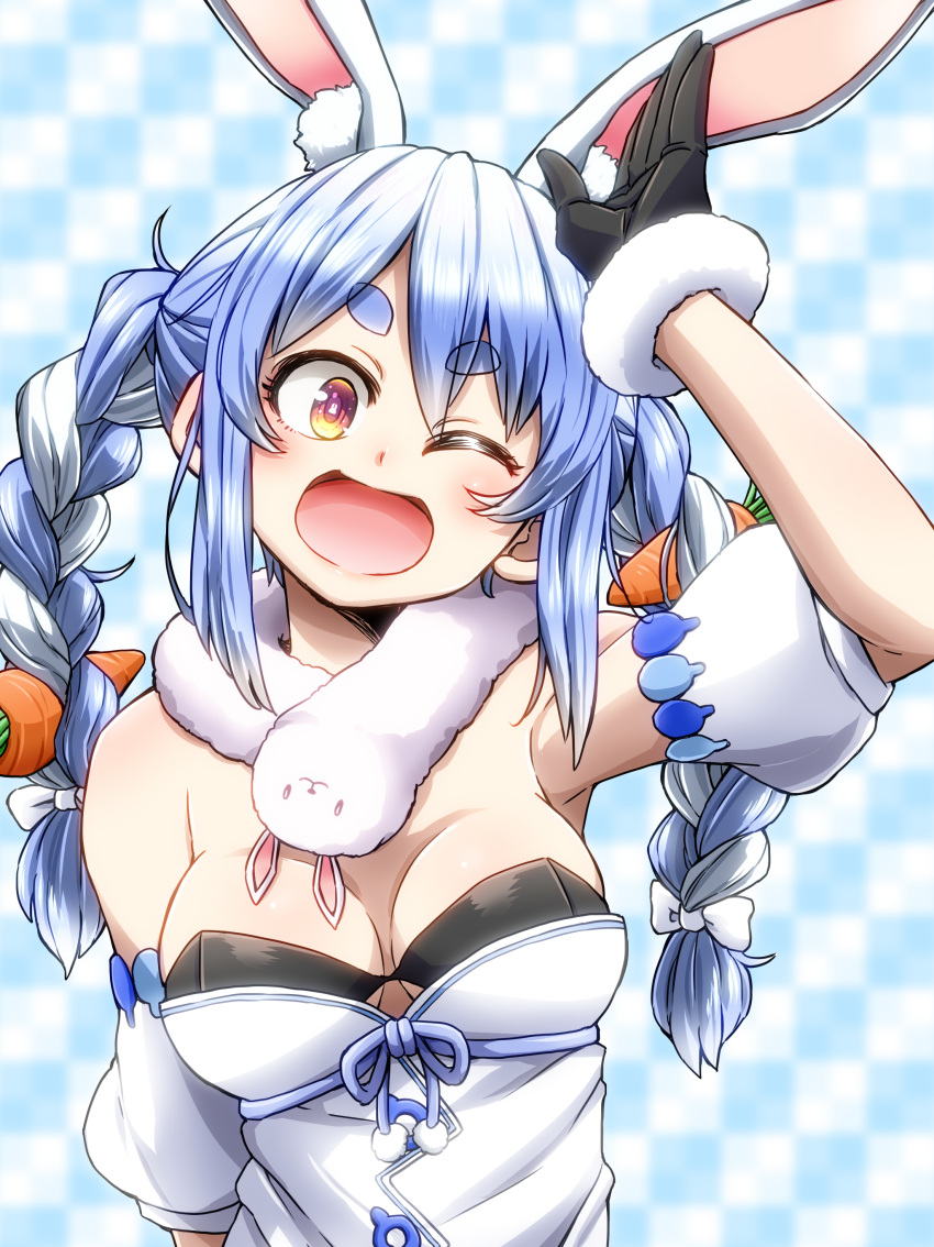 1girl absurdres animal_ears aono3 blue_hair braid breasts bunny-shaped_pupils carrot_hair_ornament food-themed_hair_ornament hair_ornament highres hikimayu hololive long_hair multicolored_hair orange_eyes rabbit_ears rabbit_girl rabbit_tail short_eyebrows small_breasts solo tail thick_eyebrows twin_braids twintails two-tone_hair usada_pekora virtual_youtuber white_hair