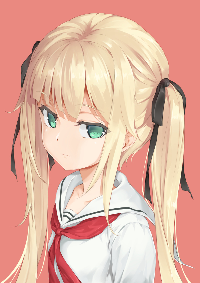 1girl bangs bitterpain black_ribbon blonde_hair blunt_bangs child eyebrows_visible_through_hair green_eyes highres looking_at_viewer neck_ribbon original red_background ribbon shirt simple_background solo twintails uniform