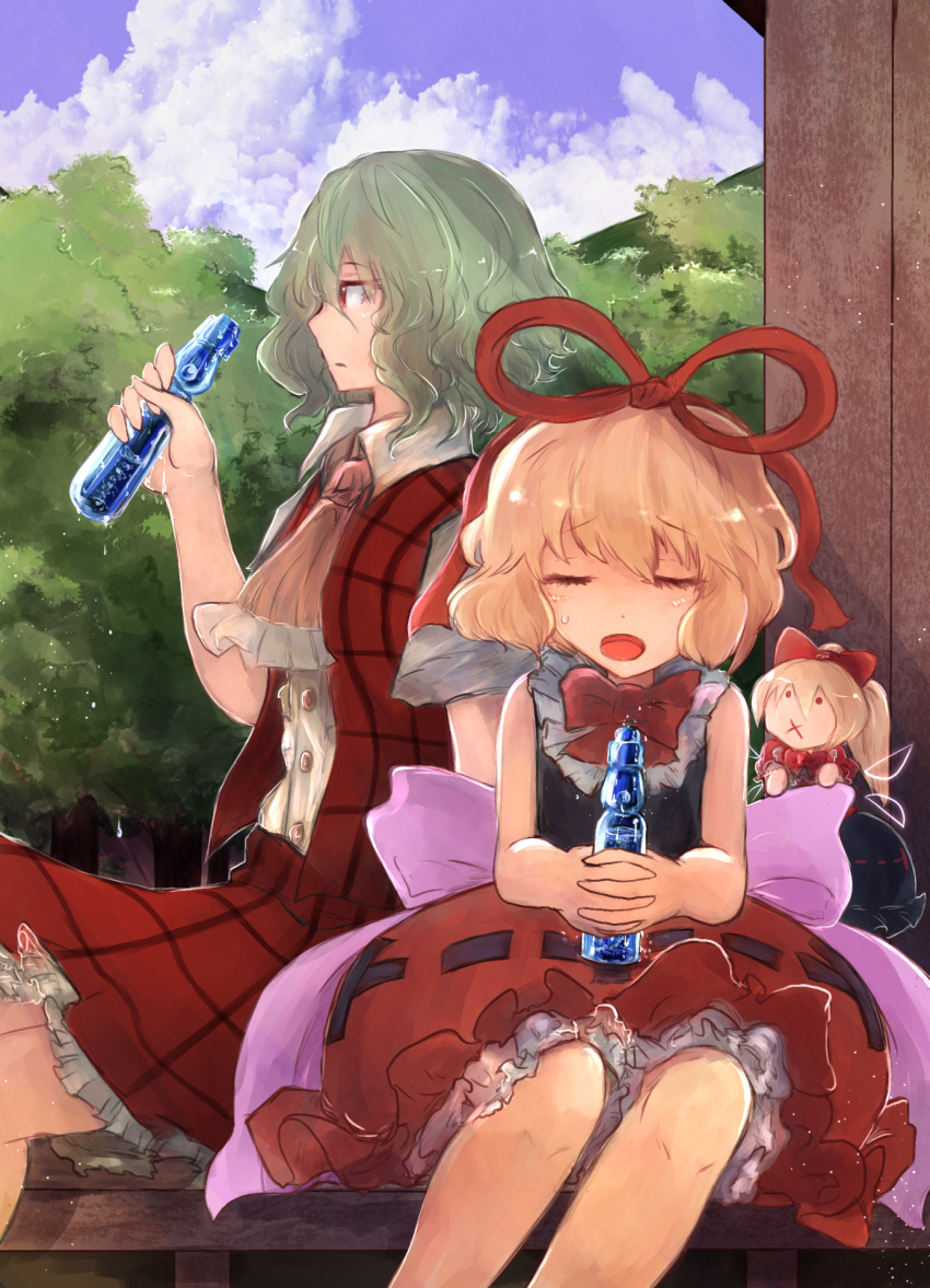 2girls ascot bangs black_dress black_ribbon black_shirt blonde_hair bottle bow closed_eyes clouds collared_shirt commentary_request dress drinking dripping fairy_wings forest frilled_neckwear green_hair hair_between_eyes hair_bow hair_ribbon highres hinohikari interlocked_fingers kazami_yuuka looking_afar looking_at_another medicine_melancholy multiple_girls nature neck_ribbon open_clothes open_vest outdoors petticoat pink_ribbon plaid plaid_skirt plaid_vest ponytail profile purple_sky red_bow red_eyes red_ribbon red_shirt red_skirt red_vest resting ribbon ribbon-trimmed_dress shirt short_hair short_sleeves sitting skirt skirt_set sleeveless sleeveless_shirt su-san sunset touhou tree twilight vest water_bottle wavy_hair white_shirt wings yellow_neckwear