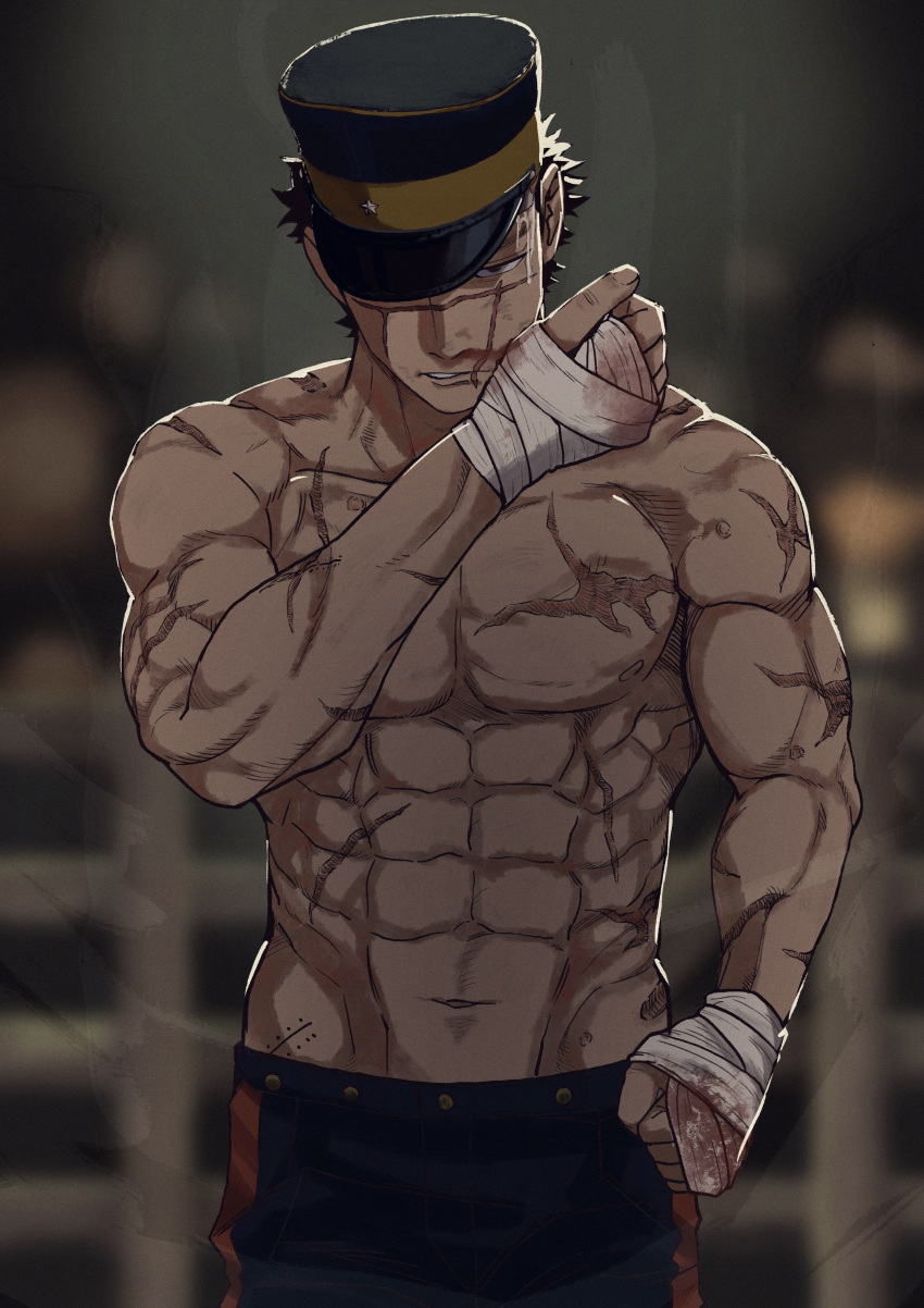 1boy abs absurdres bandages black_hair black_headwear blue_pants brown_eyes golden_kamuy hat highres imperial_japanese_army kepi large_pectorals male_focus military military_hat military_uniform muscular muscular_male navel pants pectorals scar scar_on_cheek scar_on_chest scar_on_face short_hair solo star_(symbol) sugimoto_saichi tonta_(tonta1231) topless_male two-tone_headwear uniform yellow_headwear