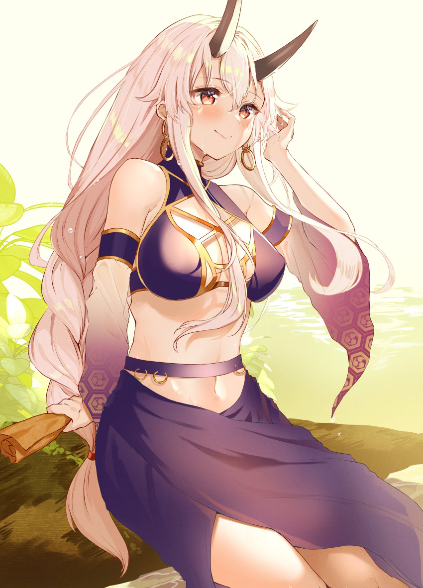 1girl absurdres bikini braid detached_sleeves fate/grand_order fate_(series) felnemo highres horns long_braid long_hair long_skirt low-tied_long_hair mitsudomoe_(shape) oni_horns ponytail purple_bikini purple_sarong purple_skirt red_eyes sarong see-through_sleeves silver_hair single_braid skirt smile solo swimsuit tomoe_(symbol) tomoe_gozen_(fate) tomoe_gozen_(swimsuit_saber)_(fate) wide_sleeves