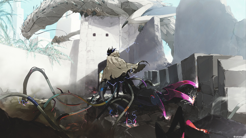 1other ambiguous_gender artist_name black_hair brown_cloak building claw_(weapon) cloak commentary dragon electricity facing_away highres mechanical_tentacles monster original plant rubble scenery solo sparks standing stone tentacles uki_atsuya weapon wide_shot