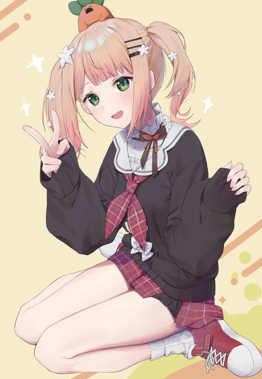 1girl :d absurdres bangs black_sweater blonde_hair commentary creature_on_head eyebrows_visible_through_hair fang flower frilled_shirt_collar frills full_body green_eyes hair_flower hair_ornament hairclip highres hololive long_hair looking_at_viewer loose_socks momosuzu_nene nekko_(momosuzu_nene) open_mouth pinching_sleeves plaid plaid_neckwear plaid_skirt red_footwear red_skirt sailor_collar school_uniform serafuku shoes sitting skirt sleeves_past_wrists smile sneakers solo sweater syhan twintails v virtual_youtuber w_arms wariza white_flower