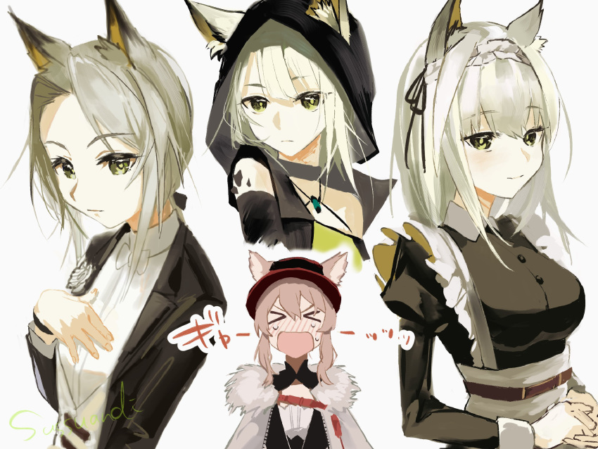 &gt;_&lt; 2girls alternate_costume animal_ears arknights black_jacket black_ribbon blush bow bowtie cat_ears coat collared_shirt dress_shirt ears_through_headwear enmaided formal fur-trimmed_coat fur_trim green_eyes green_hair hair_ribbon hand_on_own_chest hands_on_own_chest hat heidi_(arknights) highres hood hood_up jacket jewelry kal'tsit_(arknights) looking_at_viewer maid maid_headdress multiple_girls multiple_views necklace official_alternate_costume open_clothes open_jacket open_mouth oripathy_lesion_(arknights) red_headwear ribbon shirt short_hair smile sutoa translation_request upper_body white_coat white_headdress white_neckwear white_shirt