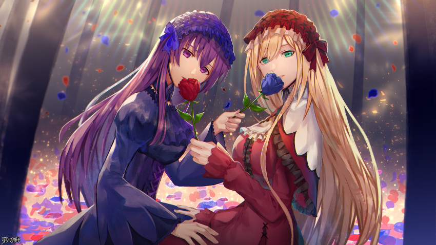 2girls bangs black_dress blonde_hair blue_flower blue_rose blunt_bangs bow breasts capelet character_request choker commentary_request dairoku_ryouhei dress field flower flower_field frilled_dress frills gothic_lolita green_eyes highres holding holding_flower lolita_fashion long_hair long_sleeves medium_breasts multiple_girls neck_ribbon official_art penguu_(green528) petals puffy_long_sleeves puffy_sleeves purple_hair red_flower red_rose ribbon rose sitting violet_eyes