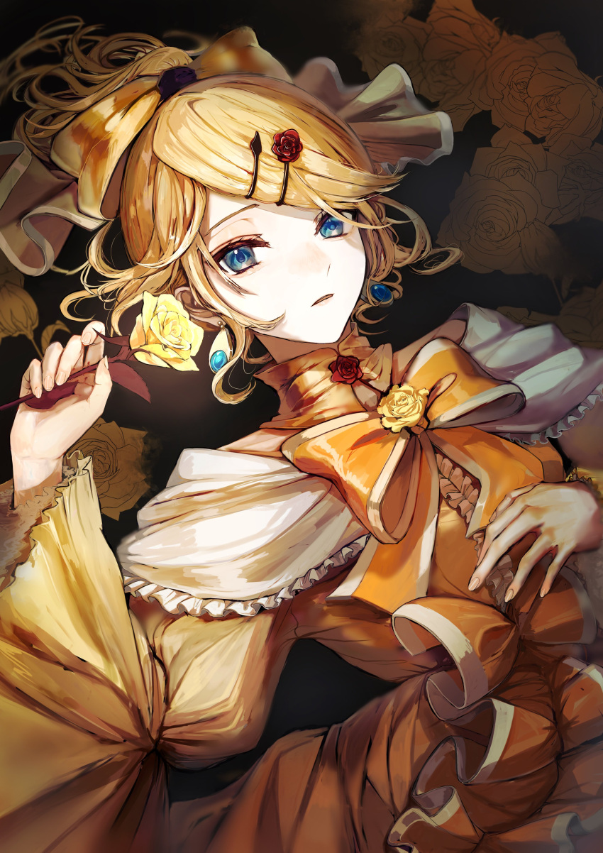 1girl absurdres aku_no_musume_(vocaloid) blonde_hair blue_eyes dress earrings evillious_nendaiki flower frilled_dress frills hair_ornament hairclip highres holding holding_flower jewelry kagamine_rin lying on_back parted_lips pipi ribbon riliane_lucifen_d'autriche rose solo vocaloid yellow_flower yellow_ribbon yellow_rose
