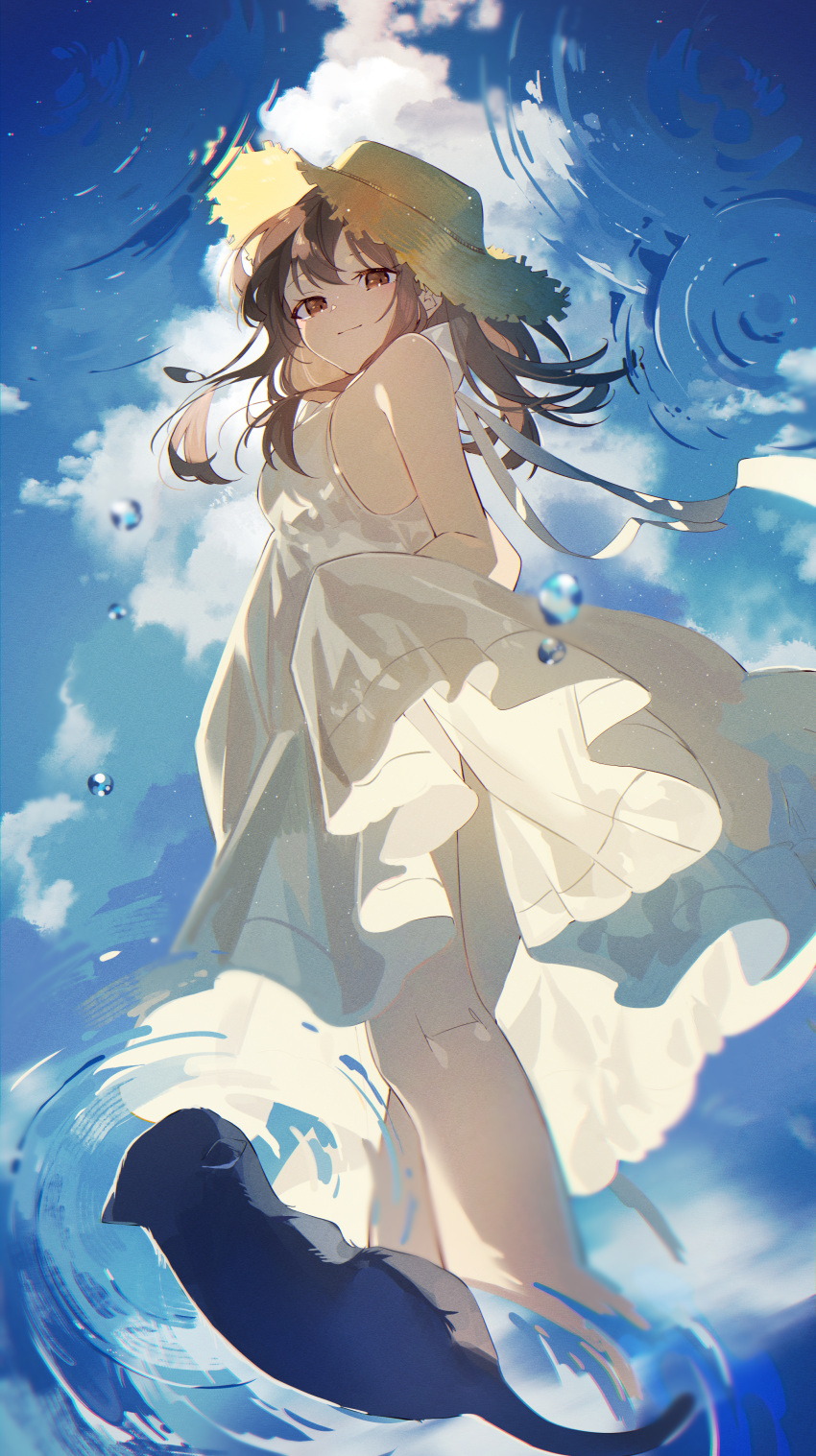 1girl absurdres bangs bare_shoulders black_cat blue_sky blush brown_eyes brown_hair cat closed_mouth clothes_lift clouds cloudy_sky commentary dress feet_out_of_frame hat highres long_hair looking_at_viewer looking_down omutatsu original outdoors reflection ribbon ripples skirt skirt_lift sky sleeveless smile solo straw_hat water water_drop white_dress white_ribbon