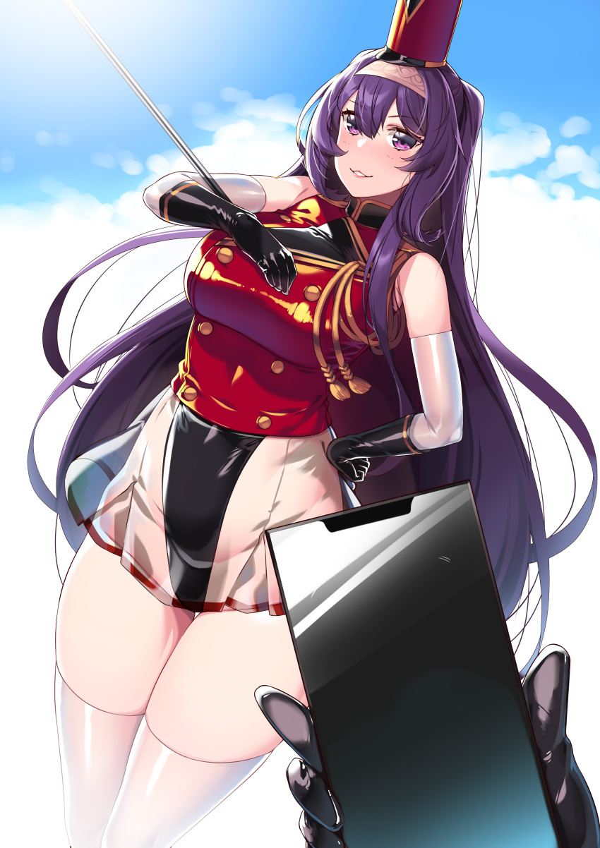 1girl absurdres band_uniform black_leotard cellphone covered_navel elbow_gloves gloves hat hie_(hiememiko) hiememiko highleg highleg_leotard highres leotard long_hair looking_at_viewer marching_band marching_band_baton original phone purple_hair red_uniform see-through_skirt shako_cap skirt smartphone smile solo thigh-highs thong_leotard