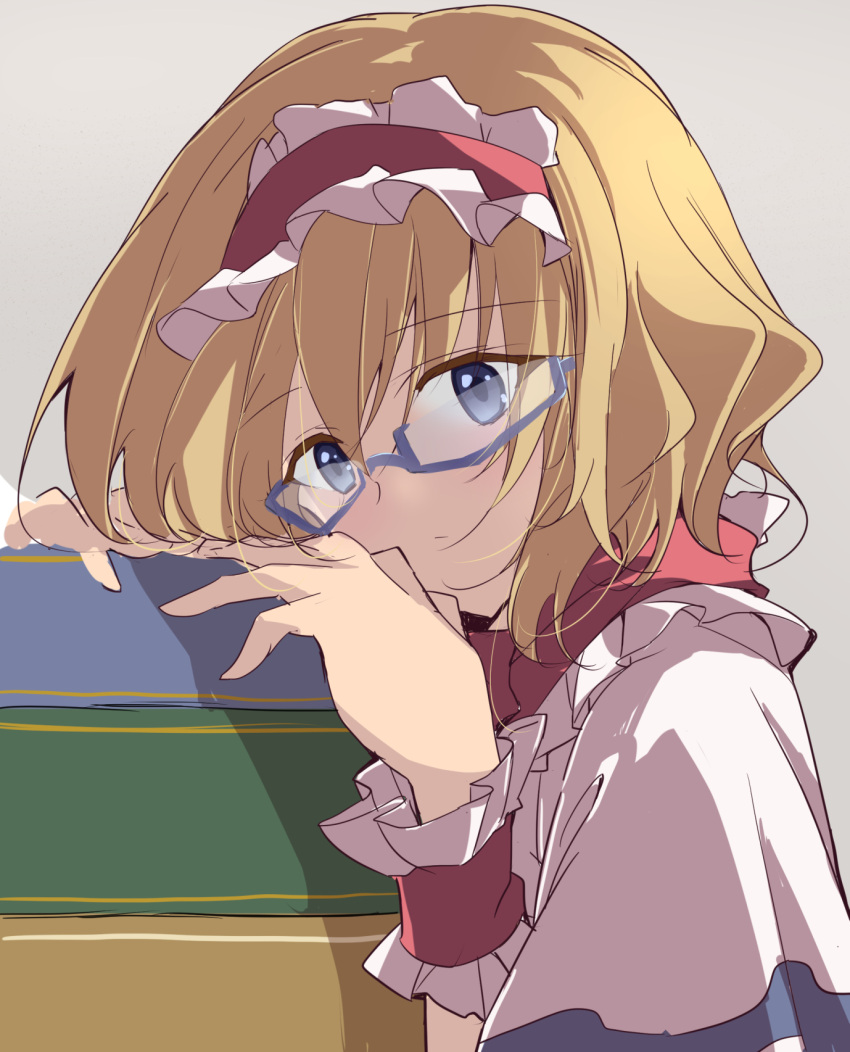 1girl alice_margatroid bangs blonde_hair blue_dress blue_eyes book border cape closed_mouth dress eyebrows_visible_through_hair eyes_visible_through_hair glasses grey_background hair_between_eyes hairband highres ichimura_kanata looking_at_viewer red_hairband red_neckwear shadow short_hair short_sleeves simple_background solo touhou white_border white_cape wrist_cuffs