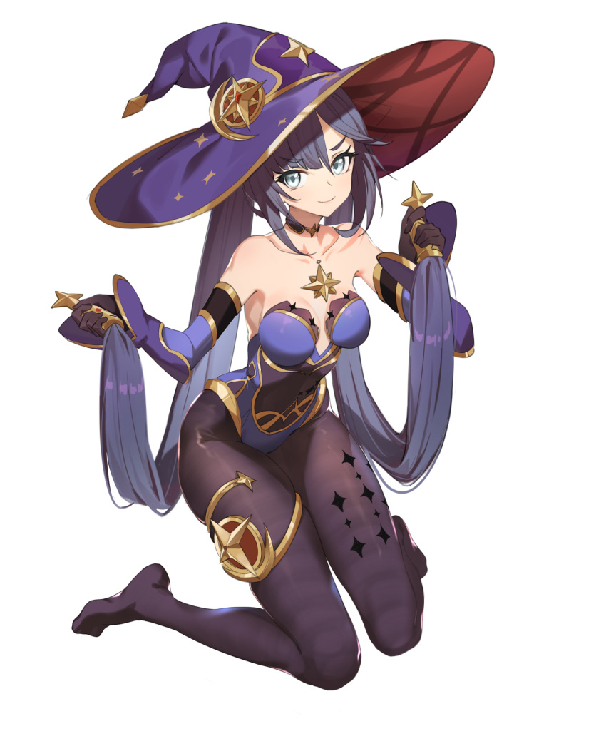 1girl bangs bare_shoulders black_hair black_legwear blue_eyes blue_headwear blue_leotard breasts choker collarbone crescent crescent_hat_ornament deatheach detached_sleeves eyebrows_visible_through_hair full_body genshin_impact hair_ornament hat hat_ornament heart heart_hair_ornament highres holding holding_hair kneeling legs leotard long_hair long_sleeves looking_at_viewer medium_breasts mona_(genshin_impact) no_shoes pantyhose simple_background smile solo star_(symbol) star_choker thighlet very_long_hair white_background witch_hat