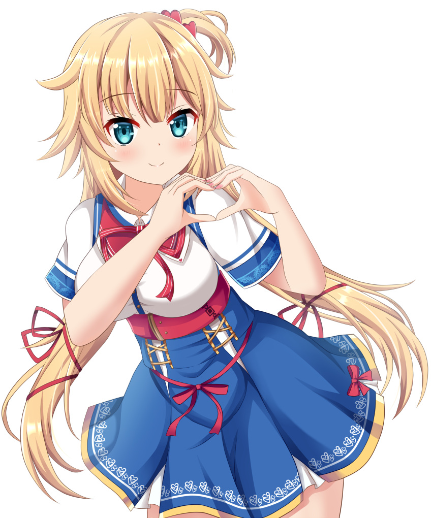 1girl absurdres akai_haato blonde_hair blue_eyes blue_skirt blush breasts closed_mouth collared_shirt commentary_request dress_shirt hair_ornament hair_ribbon hands_up heart heart_hair_ornament heart_hands highres hololive koyuki_(azumaya999) long_hair medium_breasts one_side_up pleated_skirt red_ribbon ribbon shirt short_sleeves simple_background skirt smile solo striped very_long_hair virtual_youtuber white_background white_shirt